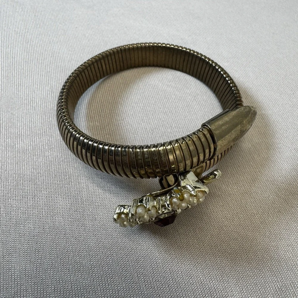 Vintage Red Rhinestone‎ & Faux Pearl Flower Gold Tone Coil  Bracelet